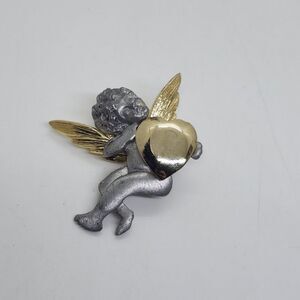 Ultra Craft Cherub Angel Holding Heart Pin Brooch‎ Gold Tone Silver Tone Metal